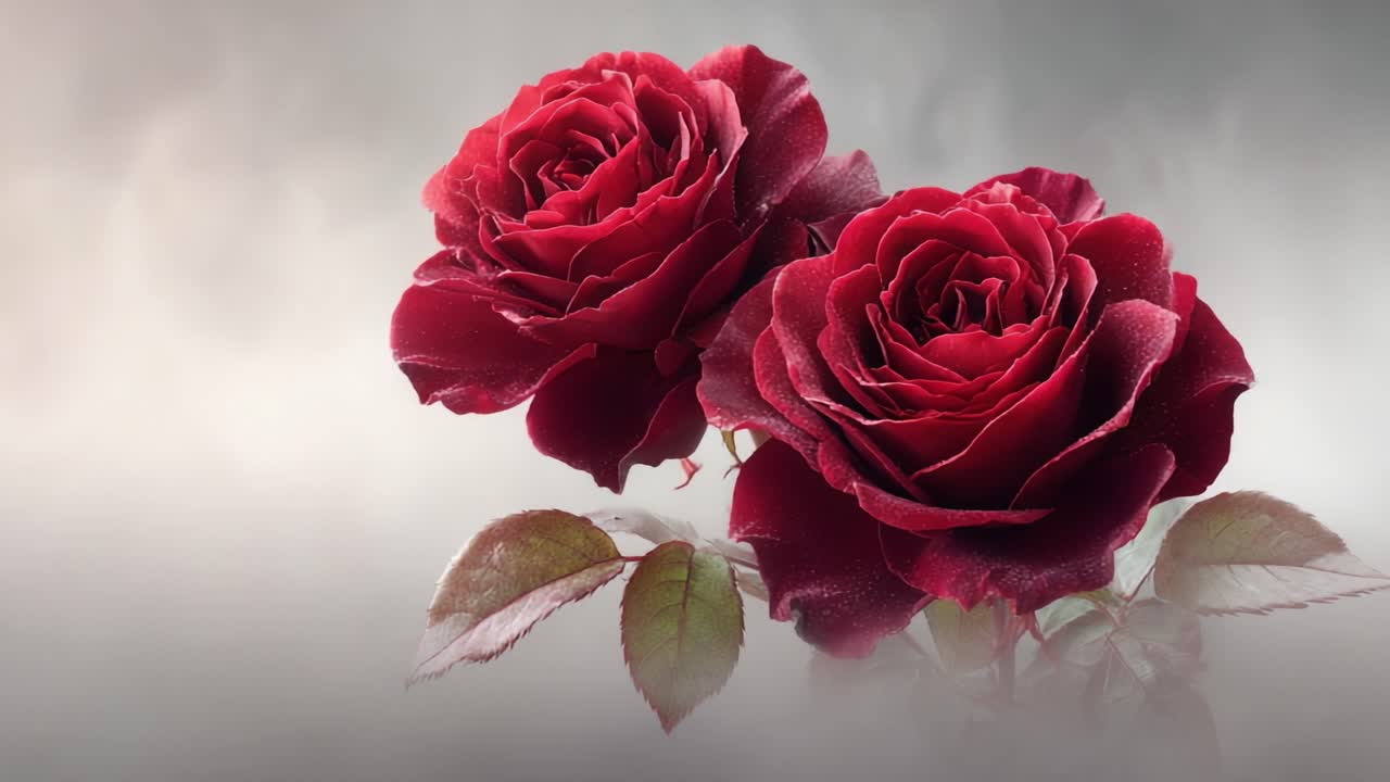 Une magnifique présentation de deux roses rouges luxuriantes dans une composition élégante, soulignant leurs pétales veloutés et leur beauté envoûtante sur un fond doux.