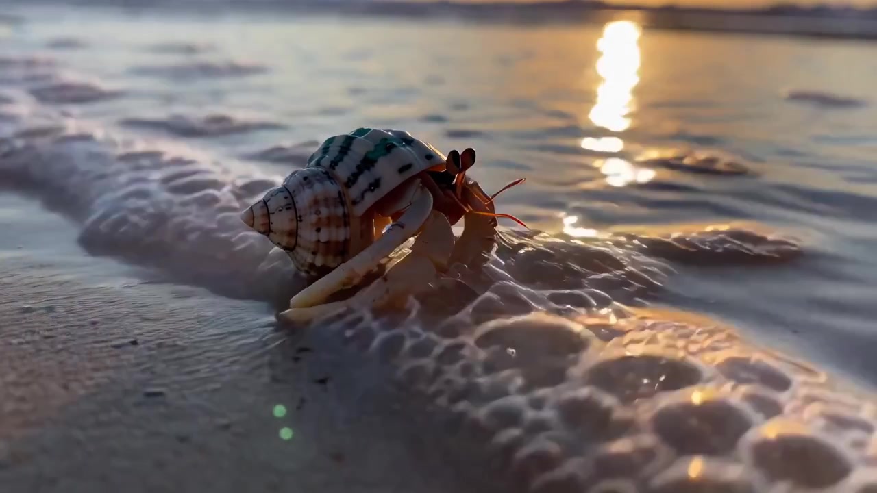 Hermit Crab Walking on Sandy Beach at Golden Hour
