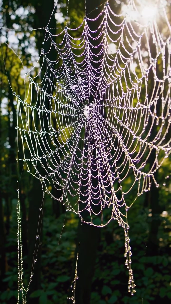 Ragnatela ricoperta di rugiada in una foresta illuminata dal sole