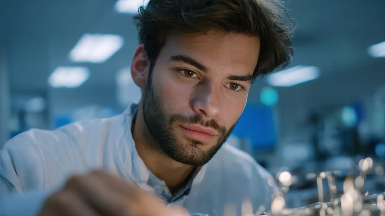 Focused Scientist In Laboratory Analyzing Samples and Conducting Research with Precision, Contemplating Findings, and Engaging in Scientific Inquiry with Modern Equipment and Tools in a High-Technology Setting