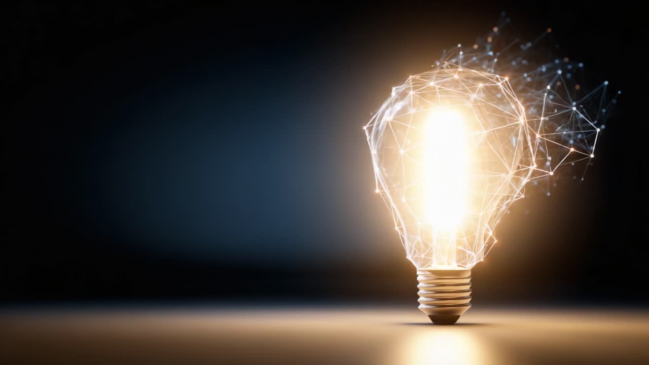 Innovazione illuminante: una lampadina incandescente con effetti di particelle astratte che rappresentano creatività e generazione di idee in un ambiente buio.