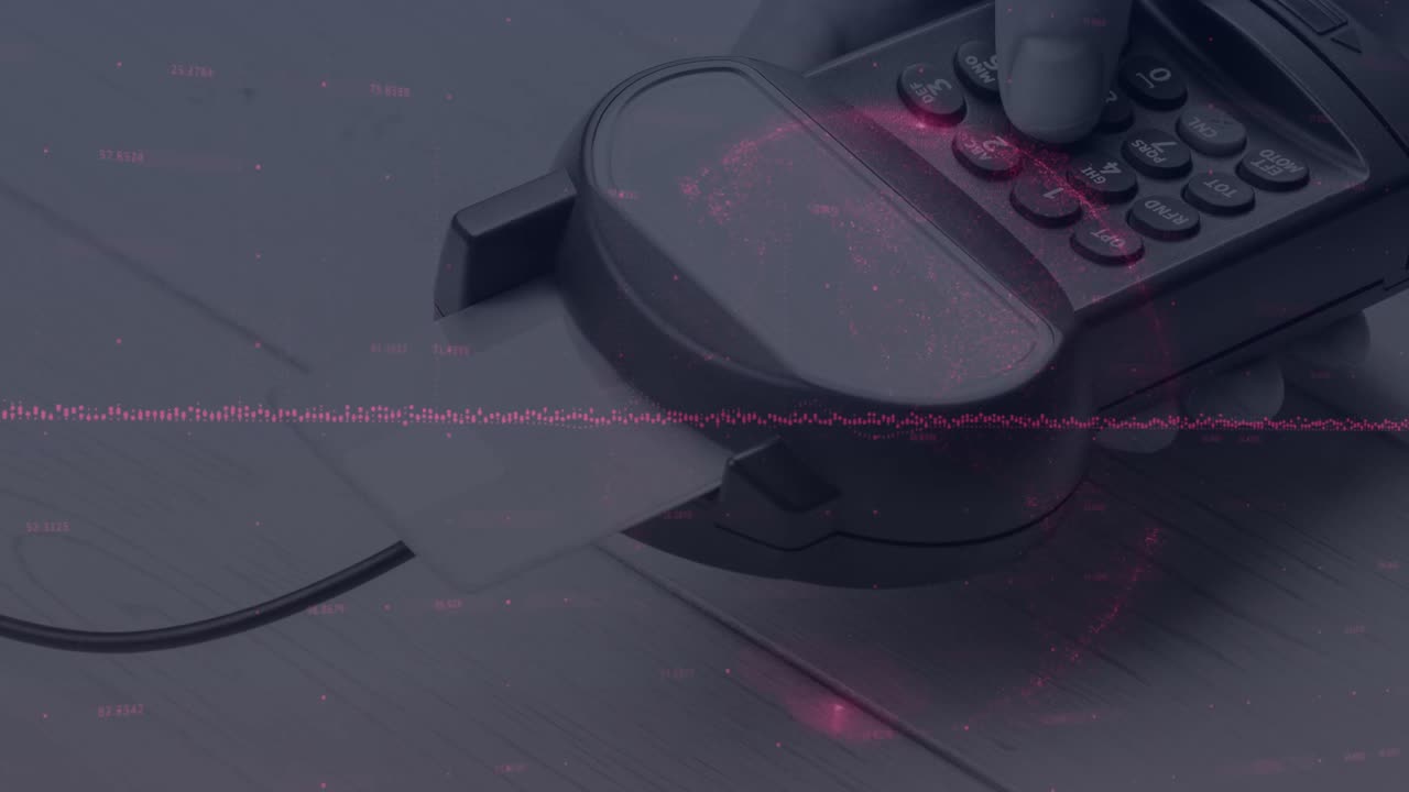 animación de gráficos y datos financieros sobre la mano de un hombre caucásico que posee un terminal de pago