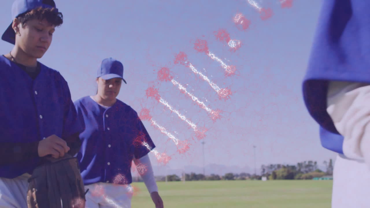 Baseball players in blue uniforms with DNA strand animation over field
