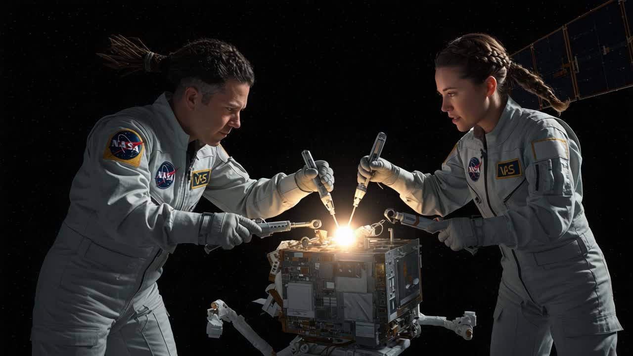 Astronauts Collaborate on Space Mission: A Dynamic Exchange of Tools and Skills to Repair an Orbital Satellite in the Vastness of Space, Showcasing Human Ingenuity and Teamwork