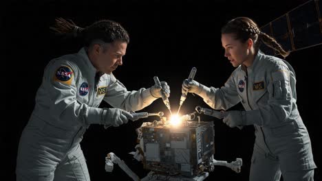astronauts collaborate on space mission: a dynamic exchange of tools and skills to repair an orbital satellite in the vastness of space, showcasing human ingenuity and teamwork
