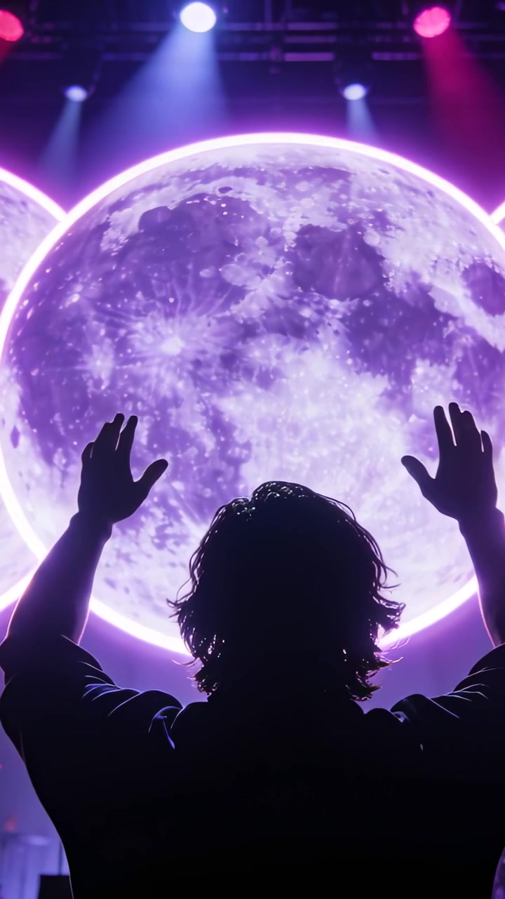Video verticale: Reagendo alla luna LED, artista in cappotto scuro che alza le braccia sul palco, con luci che cambiano.