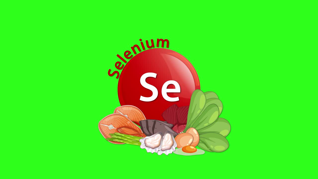 A red selenium vitamin icon animates in, merging with illustrated vegetables and nuts on a vibrant green background. Smooth transitions and clear labeling enhance educational appeal
