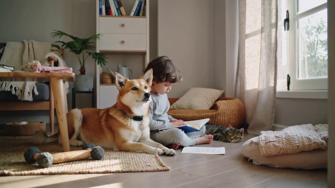 Kitabı açtıktan sonra, ev kıyafeti giyen çocuk pencerenin yanında yerde okurken sayfaları çeviriyor, yanında köpek var.