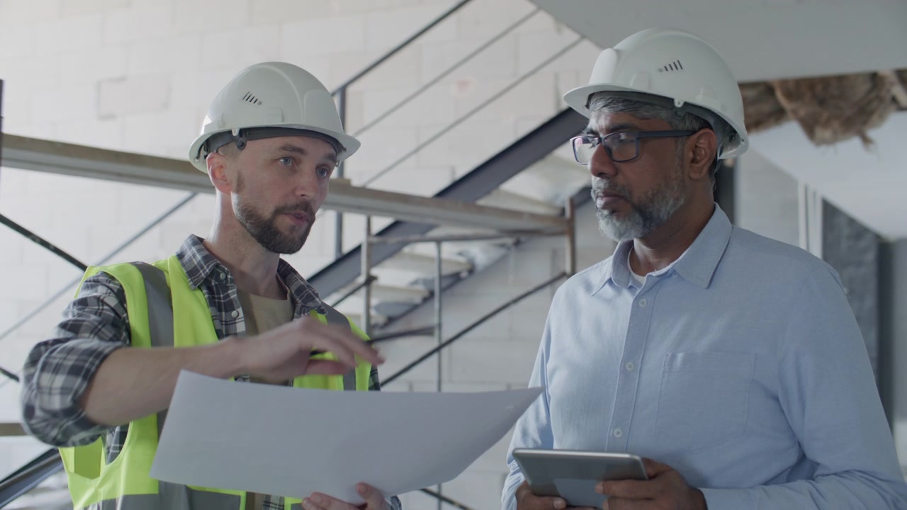 Diverse Architect and Foreman Discussing Blueprint on Construction Site