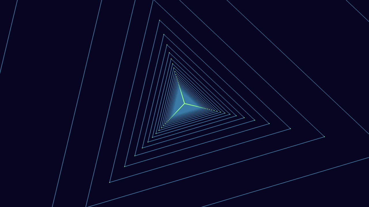 Intriguing blue triangle crafted from thin lines seemingly hovers on a dusky backdrop, creating an illusion of depth and motion within the image