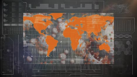 animación de las células de covid 19 sobre el procesamiento de datos y el mapa del mundo