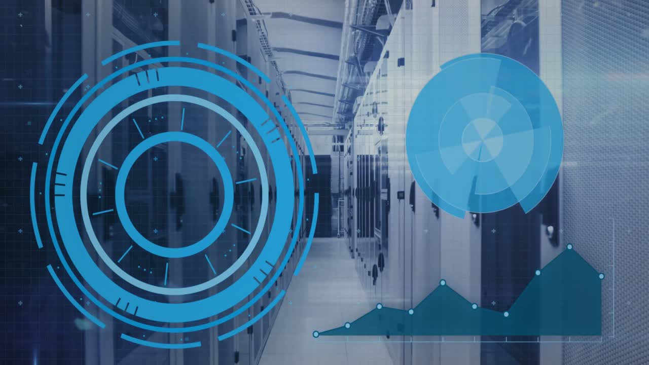 Clock moving over round scanners and in server room against green technology background