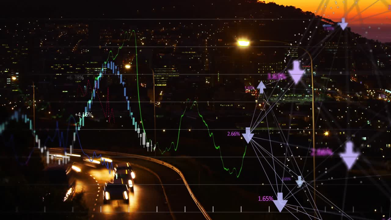 밤에는 도시를 가로지르는 금융 곡선입니다.