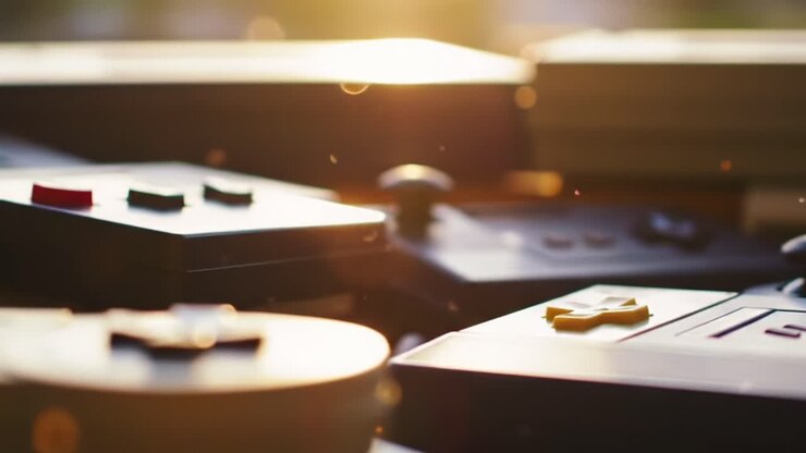 Una collezione di controller di giochi vintage immersi nella calda luce del tramonto, che cattura la nostalgia e l'essenza del retro gaming in un'affascinante ambientazione esterna