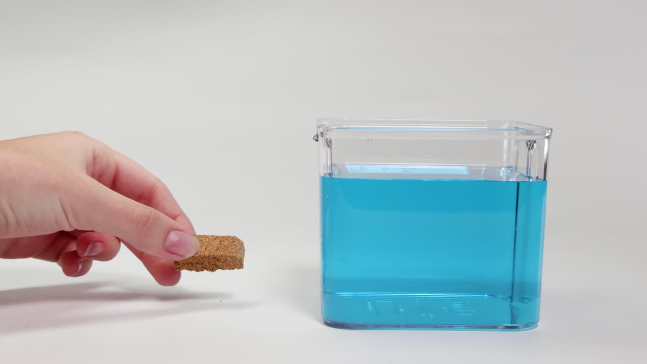 A hand places a cork into a clear container of blue water, demonstrating buoyancy principles