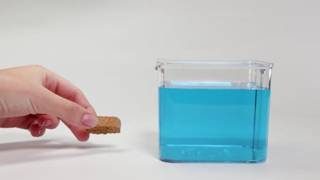 a hand places a cork into a clear container of blue water, demonstrating buoyancy principles