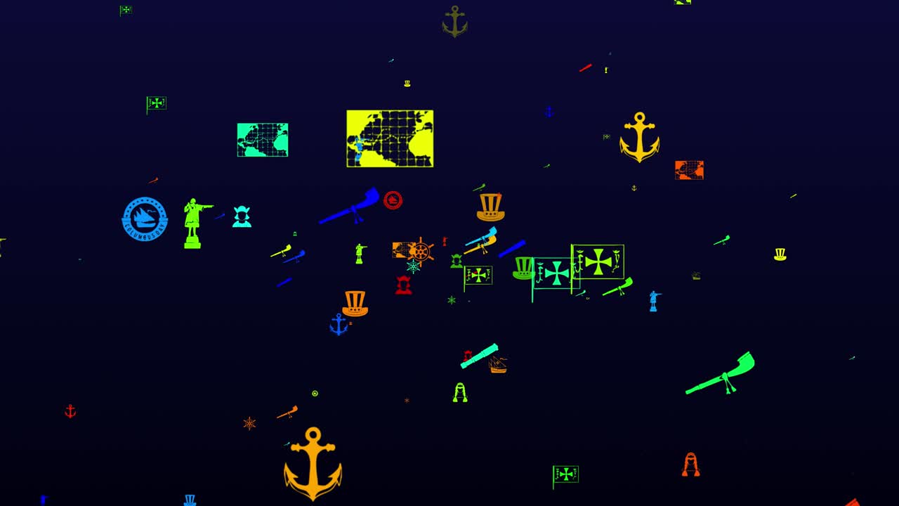 Happy columbus day. neon icons background. seamless pattern. loop animation. small, multicolored icons, illustrations or logos appear, fly slowly on black backdrop