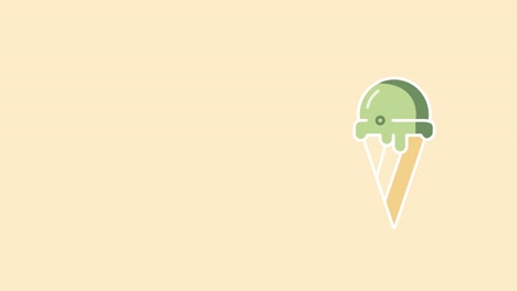 4k video of cartoon green ice cream in a waffle cone on pale background.