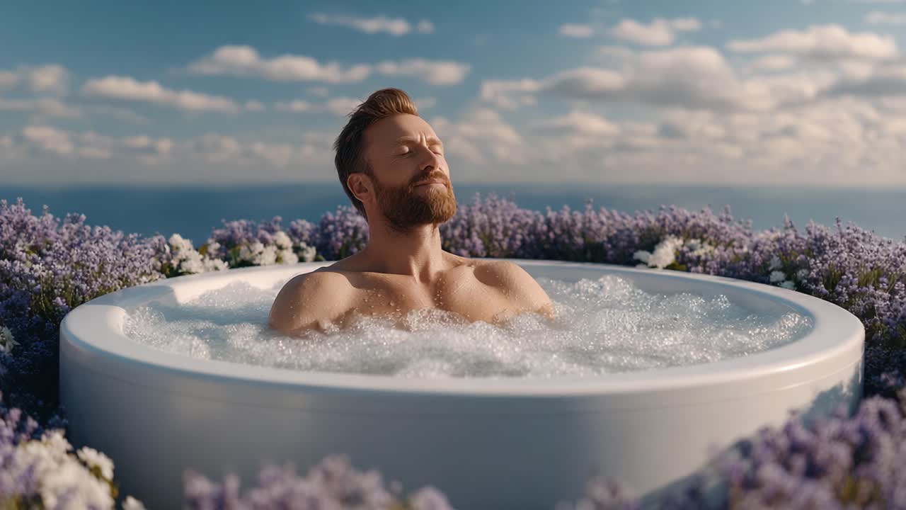 Una fuga serena: un uomo si gode un momento di relax in una vasca idromassaggio gorgogliante, circondato da fiori vivaci e sotto un cielo mozzafiato.
