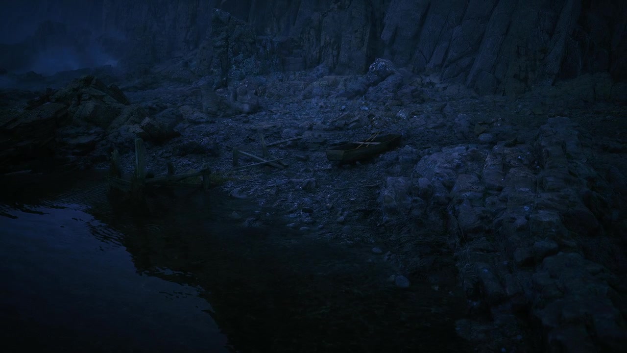 Serene night scene with shimmering blue waters and rugged shoreline