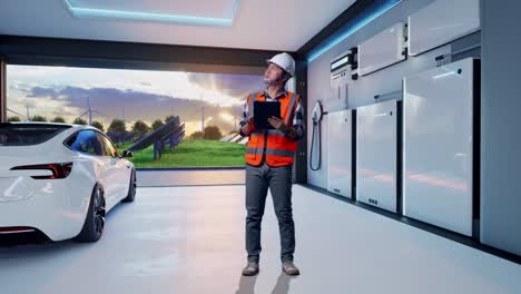 full body of asian male engineer with safety helmet looking at the tablet in his hand and looking around while standing with home energy storage system in a modern garage