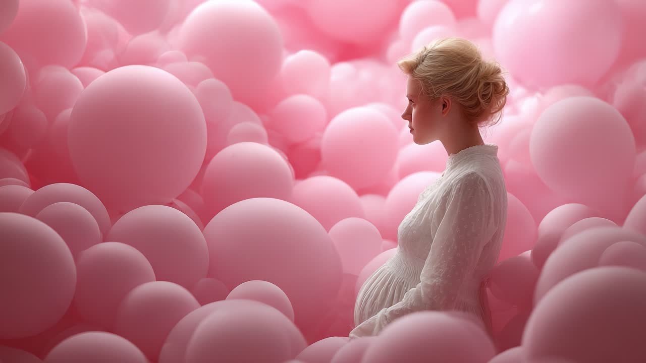 A Pregnant Woman Contemplating the Future Surrounded by Soft Pink Balloons in a Dreamlike Setting, Symbolizing New Life and Hope