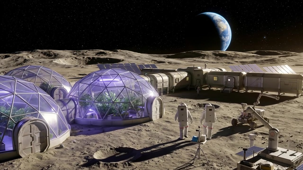 Uma base lunar futurista com biodomos de vidro e módulos de pesquisa na superfície lunar, com a Terra visível