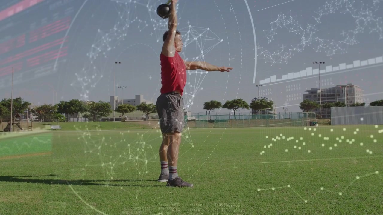 Man doing kettlebell snatch, starting deep squat holding up, driving for strength with data overlay