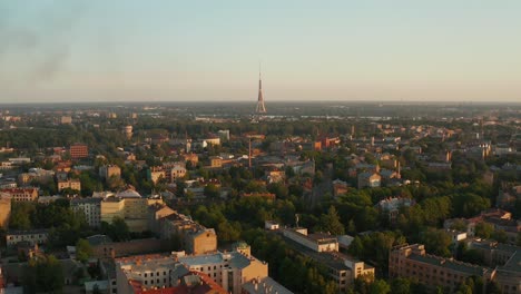 aerial view of riga city rooftops with tv tower