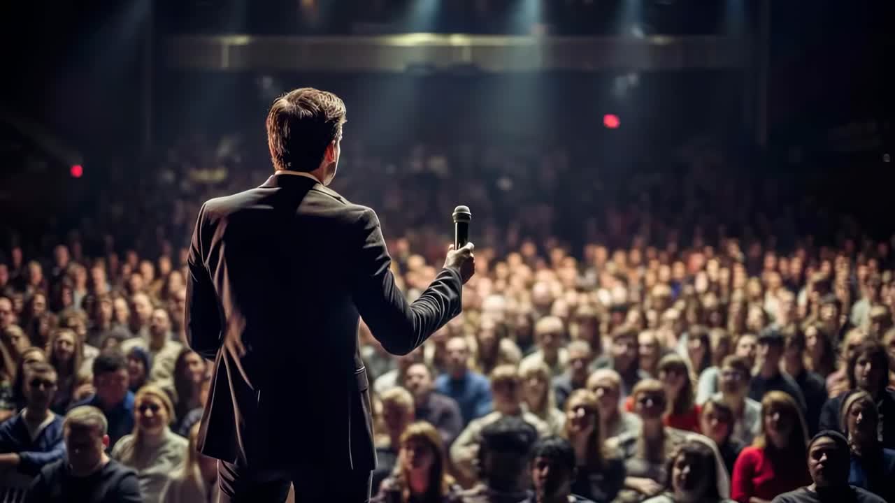 A speaker on stage addresses a large audience in a theater. The video captures a rear view