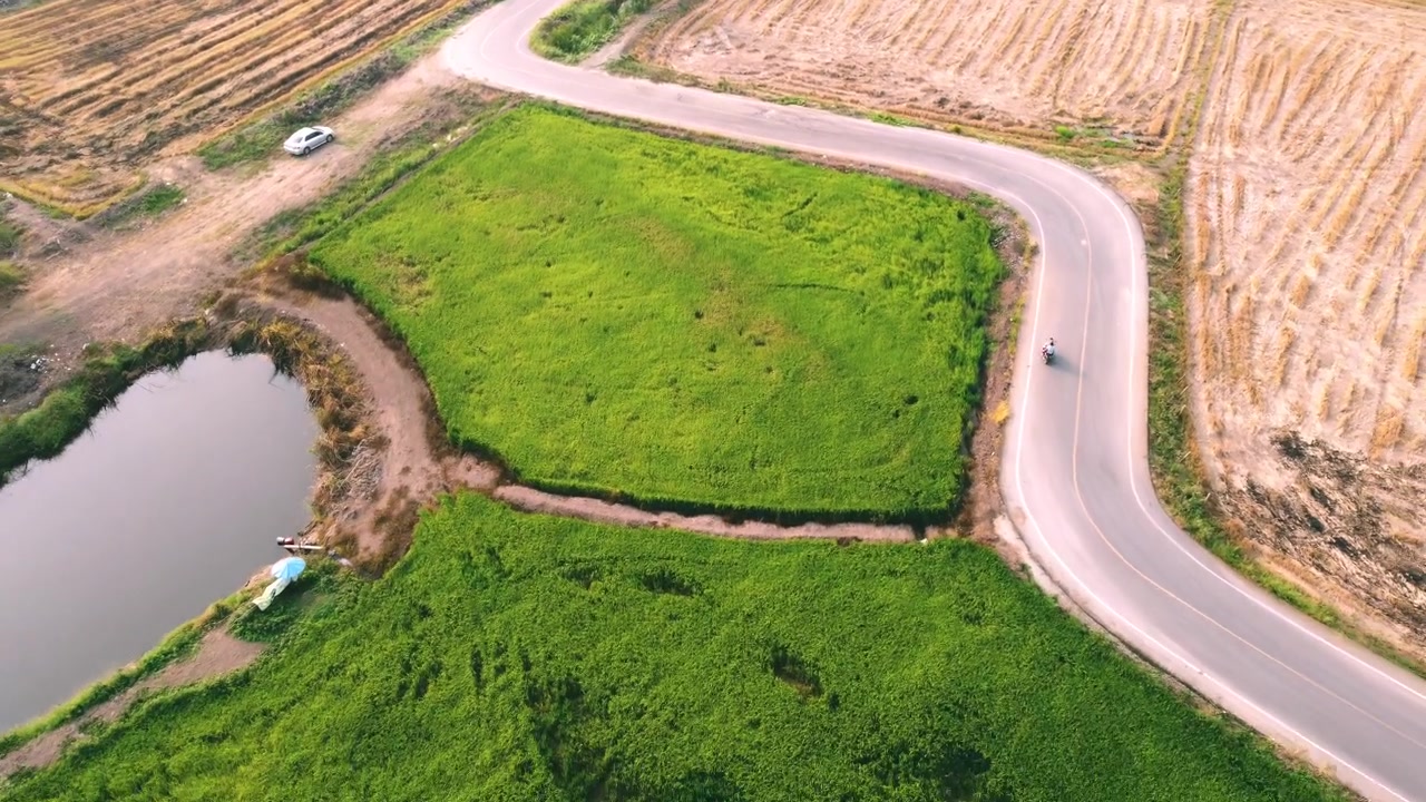 The road passes a cultivated area. Aerial top view of dry rice field and green from a drone flying down low slowly. Drone flying over the agriculture in rice fields to prepare to plant in Thailand.