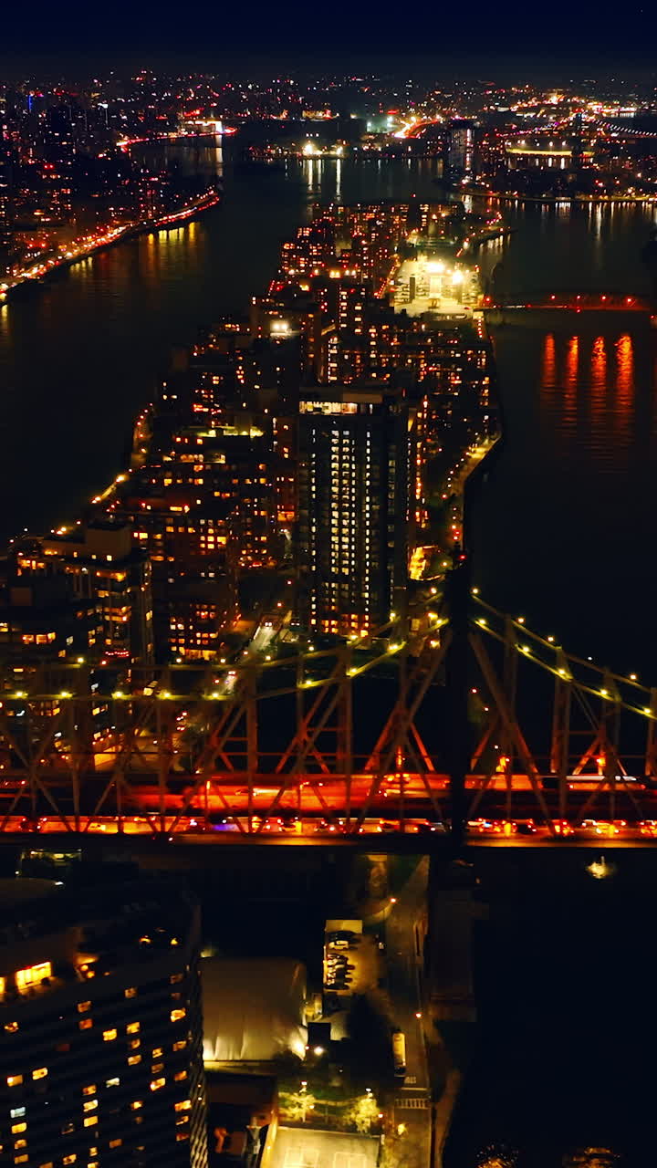 New York modern urban city metropolis. Night american city aerial shot. Vertical video