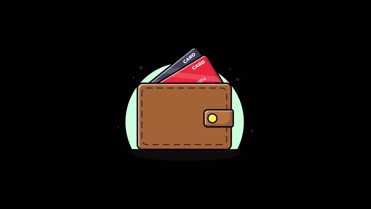 Illustrazione animata di un portafoglio con carte di credito che scorrono in entrata e in uscita