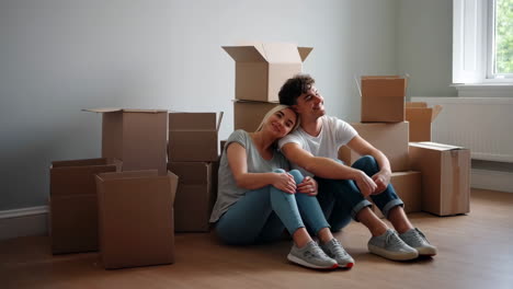 young couple resting among moving boxes in their new home