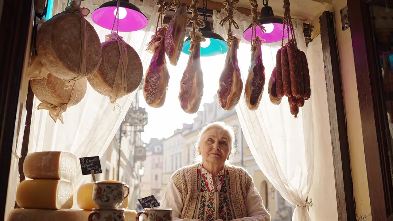 Un'anziana signora affabile si gode la vista della sua allegra bancarella del mercato, esposta con formaggi tradizionali e salumi appesi, sotto la soffusa luce del mattino.