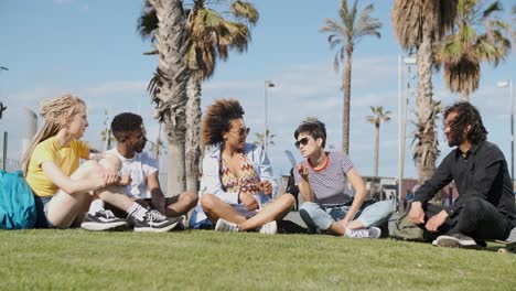 trendy young friends on meadow in sunlight