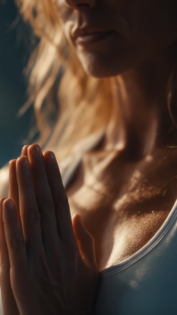 Un momento sereno di riflessione: che cattura la pace interiore di una donna in contemplazione con le mani in posizione di preghiera e un'espressione calma.