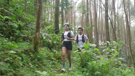 couple trail running in forest
