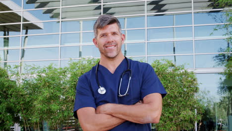 caucasian male doctor wearing scrubs