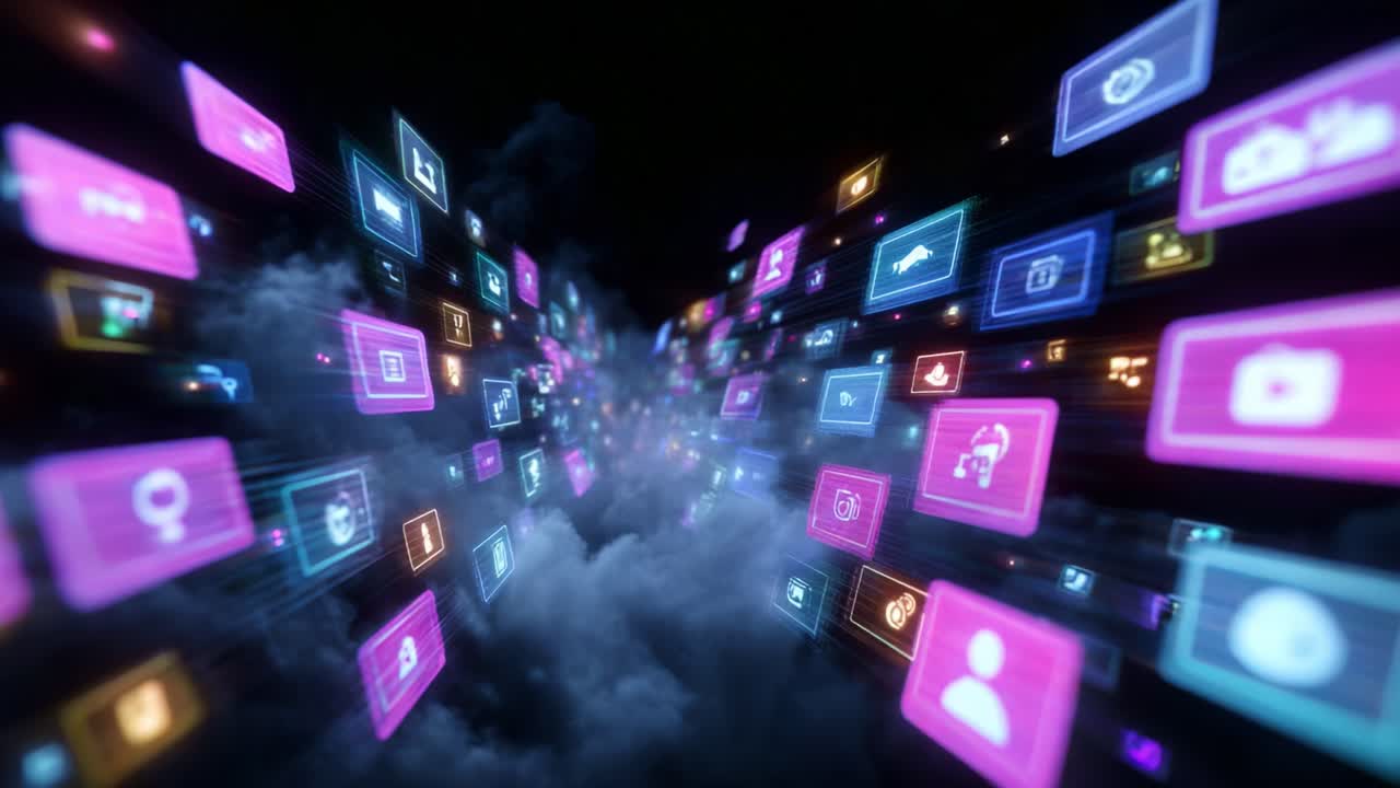 Vibrant Digital Interface Revealing Data Flow with Colorful Icons Displayed Against a Dark Background, Representing Modern Technology and Connectivity in a Cloudy Atmosphere