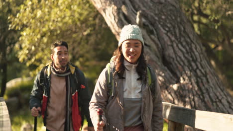 adventure, hiking and happy with couple in forest