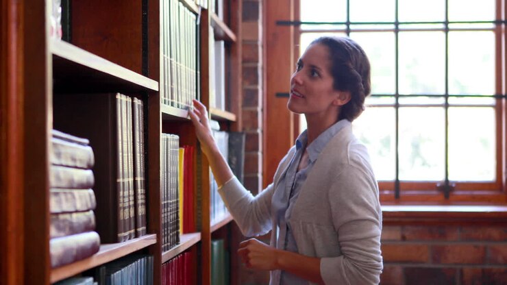 Bibliotecaria che cerca un libro e sorride alla telecamera