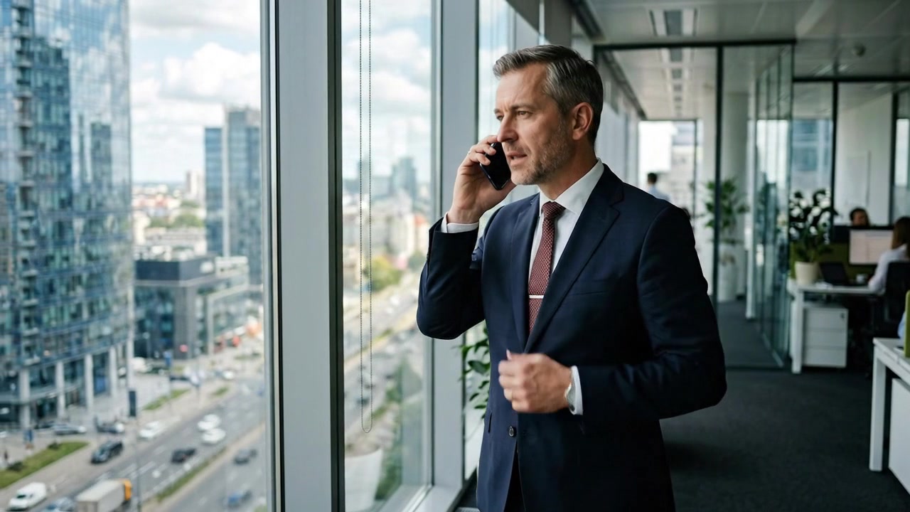 Moden forretningsmand taler i smartphone på moderne kontor