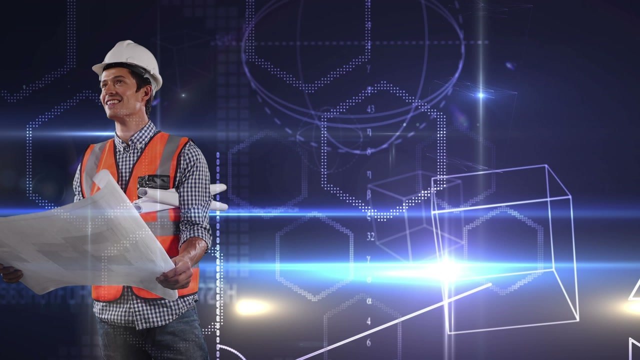 Animation of mathematical equations over caucasian male worker with schema