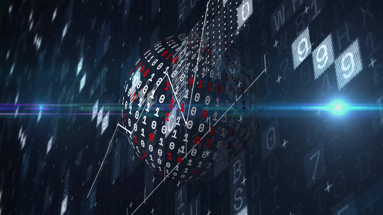 Drifting bits converging into rotating sphere revealing pulsing flare and wrapping line graph trend