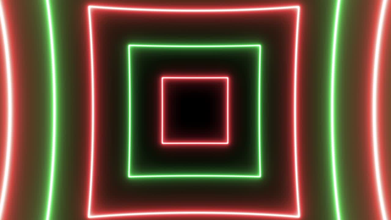 animación de vuelo en un túnel futurista con luces rectangulares de neón rojo y verde. movimiento de bucle sin costuras gráfico de fondo abstracto