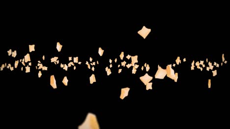 flying many plain bread slices on black background. foodstuff, food and eating concept. 3d animation of wheat bread slice rotating. loop animation.