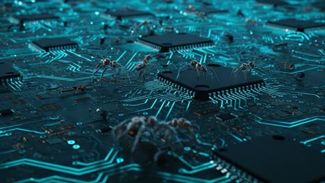 a close-up perspective on an intricate electronic circuit board infested with tiny spiders, creating a unique blend of technology and nature in digital art