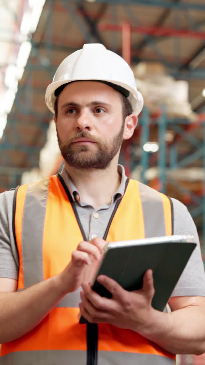 Warehouse worker using tablet in warehouse