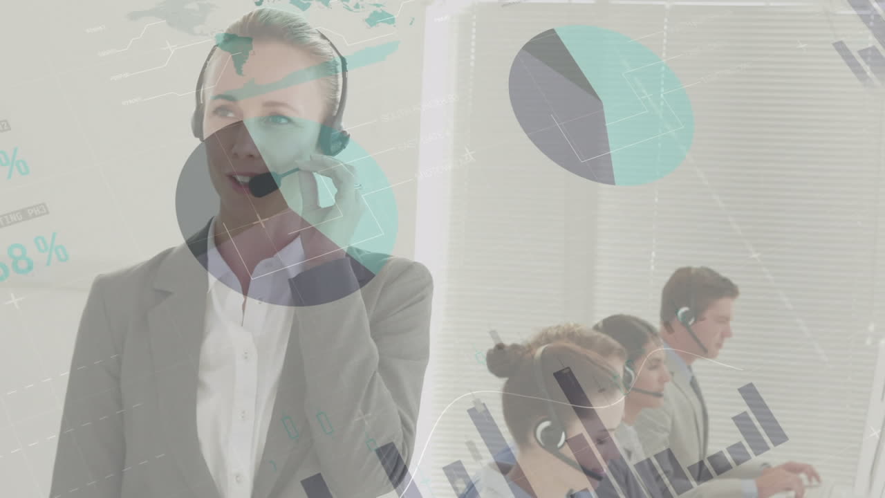 animación del registro de estadísticas sobre personas de negocios que usan auriculares telefónicos